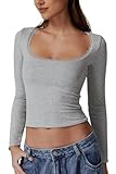 QINSEN Long Sleeve T Shirts for Women Ribbed Scoop Neck Going Out Tops Double Lined Lace Fitted Tees Grey M
