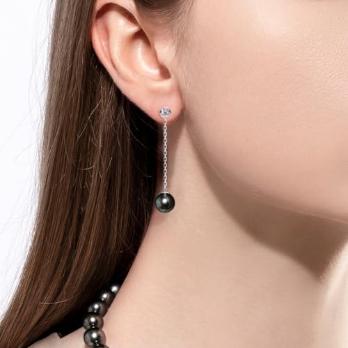 Tahitian Black Pearl Drop Dangle Threader Earrings Sterling Silver Moissanite Birthday Anniversary Mothers Day Valentines Day Christmas Gifts for Mom Her Women4