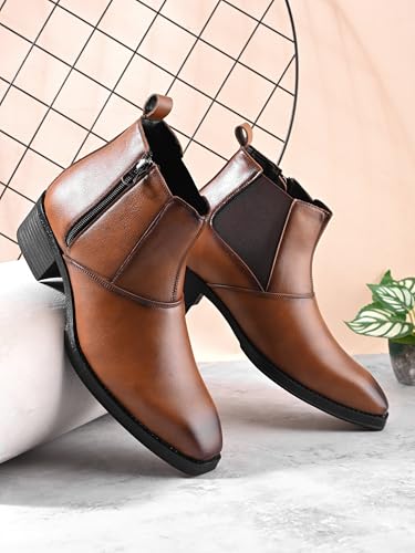 Image of Prolific Men's Chelsea Zipper /Chain Boots | High Ankle Boot| Formal, Office & Casual Wear Shoes | Soft Cushioned Insole, Slip-Resistance, Dynamic Feet Support, Arch Support & Shock Absorption