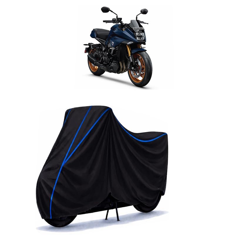 Image of Suzuki Katana Bike Cover Water Resistant Universal Motorcycle Rain | Heavy Duty UV Protection, Dust, Scratch Indoor Outdoor All Weather with Black Blue Piping Elastic