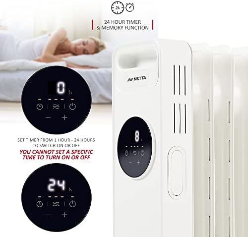 NETTA Oil Filled Radiator Heater 2000W with 24 Hour Timer, 3 Heat Settings, Remote Control, LED Digital Display, Overheating and Tip-Over Protection  9 Fin, White