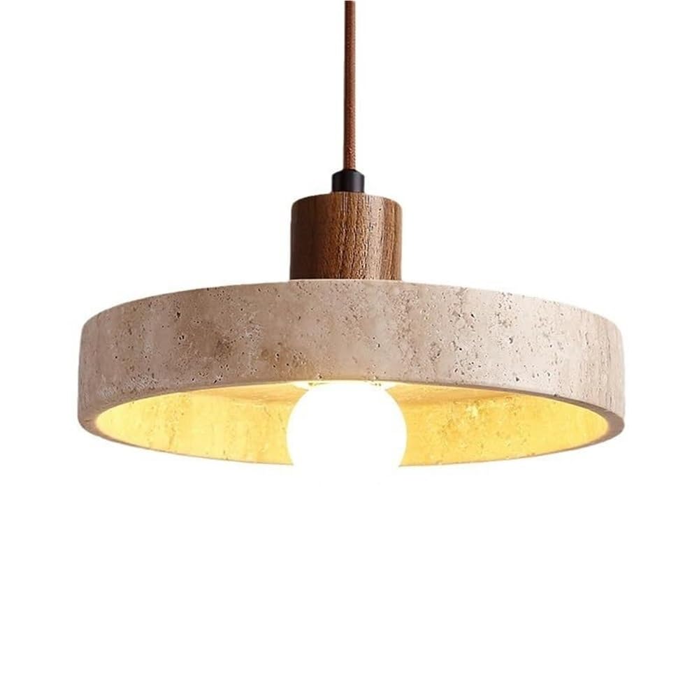 LYMSXAZOU Yellow Travertine Pendant Lamp - Retro Round Wood Hanging Light Adjustable Marble Chandelier for Bedroom & Bedside Walnut Finish Creative Home Decor
