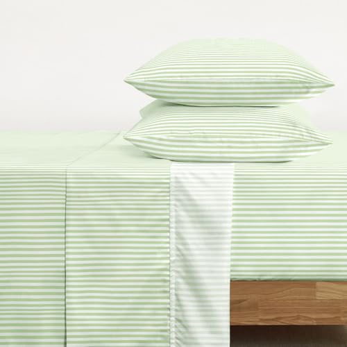 Image of Wake In Cloud - Striped Bed Sheets, 4-Piece Sheet Set, Ticking Vertical Pin Stripe Modern Farmhouse Pattern Printed Bedding, Deep Pocket, Sage Green White, Twin Size