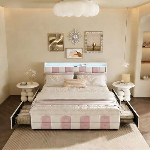 Cama de 140 x 190 cm con iluminación LED y carga USB/TypeC, cama con almacenamiento de 1 plaza con somier, marco de cama moderno adecuado para adolescentes y adultos, franela, beige. Blanco + Rosado