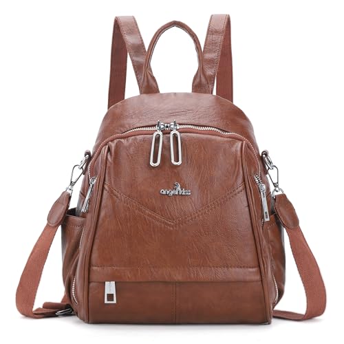 Image of Angel Kiss Small Backpack Purse for Women,Soft Vegan Leather Roomy Backpacks,Designer Ladies Shoulder Backpack Fashion Handbag with Removable Strap,Brown