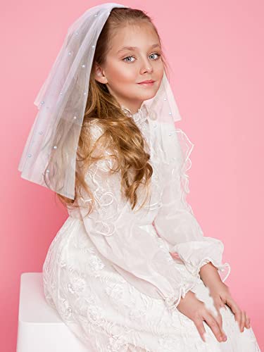 Geyoga 2 Pcs Girls First Communion Veil Gloves Catholic Set White 1st Communion Accessories for Kids Wedding Church Baptism 6