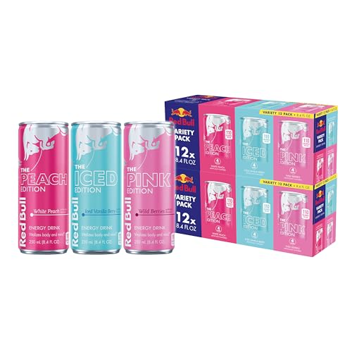 Image of Red Bull Energy Drink Variety Pack, White Peach, Iced Vanilla Berry, & Pink Edition Wild Berries, 8.4 Fl Oz, 24 Cans (2 Packs of 12)