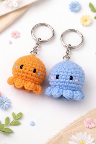 Abhigya Enterprises Handmade Crochet Octopus Keychain, Blue Jellyfish Charm, Cotton Yarn Bag Purse Car Motorbike Accessory (2, SkyBlue & Orange)