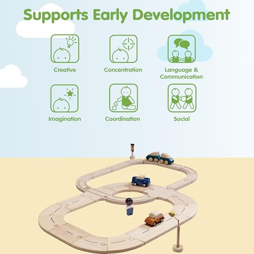 Image of PlanToys Wooden My First Rail & Road Toy Set Montessori Building Kids Play | wooden train, toy cars, tracks, girls, boys, imaginative fine motor problem solving city role gift preschool interactive