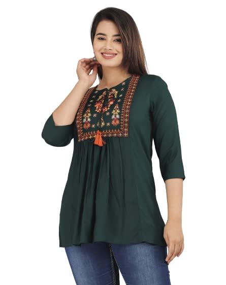 Image of Avayayat Short Kurti for Women | Embroidered Straight Rayon Kurta | Round Neck Full Sleeves Short Kurti for Women's