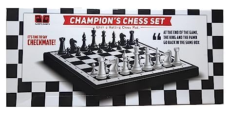 TOYSCAPE Champions Chess Set | Black and White Chess Board Set | Solid Plastic Filled with a 3.75 inch King | Rollup Vinyl Chess mat | Strategic Game