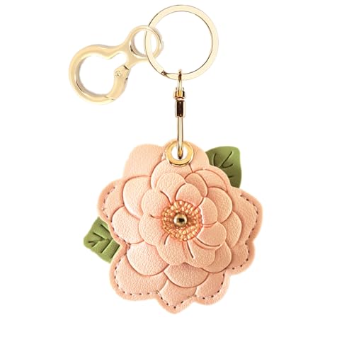 BORKUANA Leather Keychain Holder Case Compatible with AirTag Cute Protective Cover with Keyring Anti-Scratch Finder GPS Tracker Case for Wallet Keys bag pets(Camellia C)