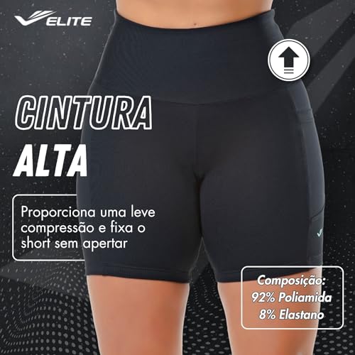 ELITE Short Feminino Academia com Bolsos Laterais Cintura Alta Bermuda Legging Fitness Microfibra de
