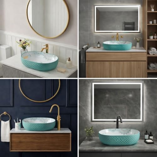 Image of BASSINO 20x14x6 Inches Designer Hand Painted Table Top Wash Basin /Oval-Oblong Counter Top Washbasin Premium Ceramic Bathroom Sink /Artistic Luxury Basin /Tabletop Basin /Home-Hotel(Glossy White & Blue)