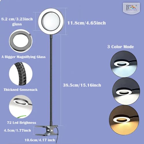 Image of BROLAVIYA Overhead 5X Magnifying Glass with 12cm Led Light, 3 Color Modes Dimmable, Flexible Hose Metal Arm, Magnifier Desk Lamp for Crafts, Makeup, Reading, Photography - Silver