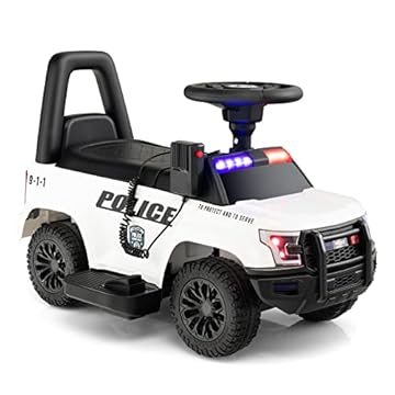 COSTWAY Kids Electric Ride on Car, 6V Battery Powered Police Cars with Side Megaphone, Horn, Flashing Light, Siren Sound, Wide Footrest and Underseat Storage, for 18-60 Months (White)