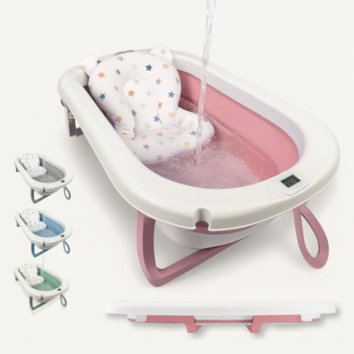 Bañera Bebé Plegable Portatil con Termómetro Integrado, Diseño Ergonómico, Cojín Antideslizante y Tapa de Seguridad (Rosa pastel)