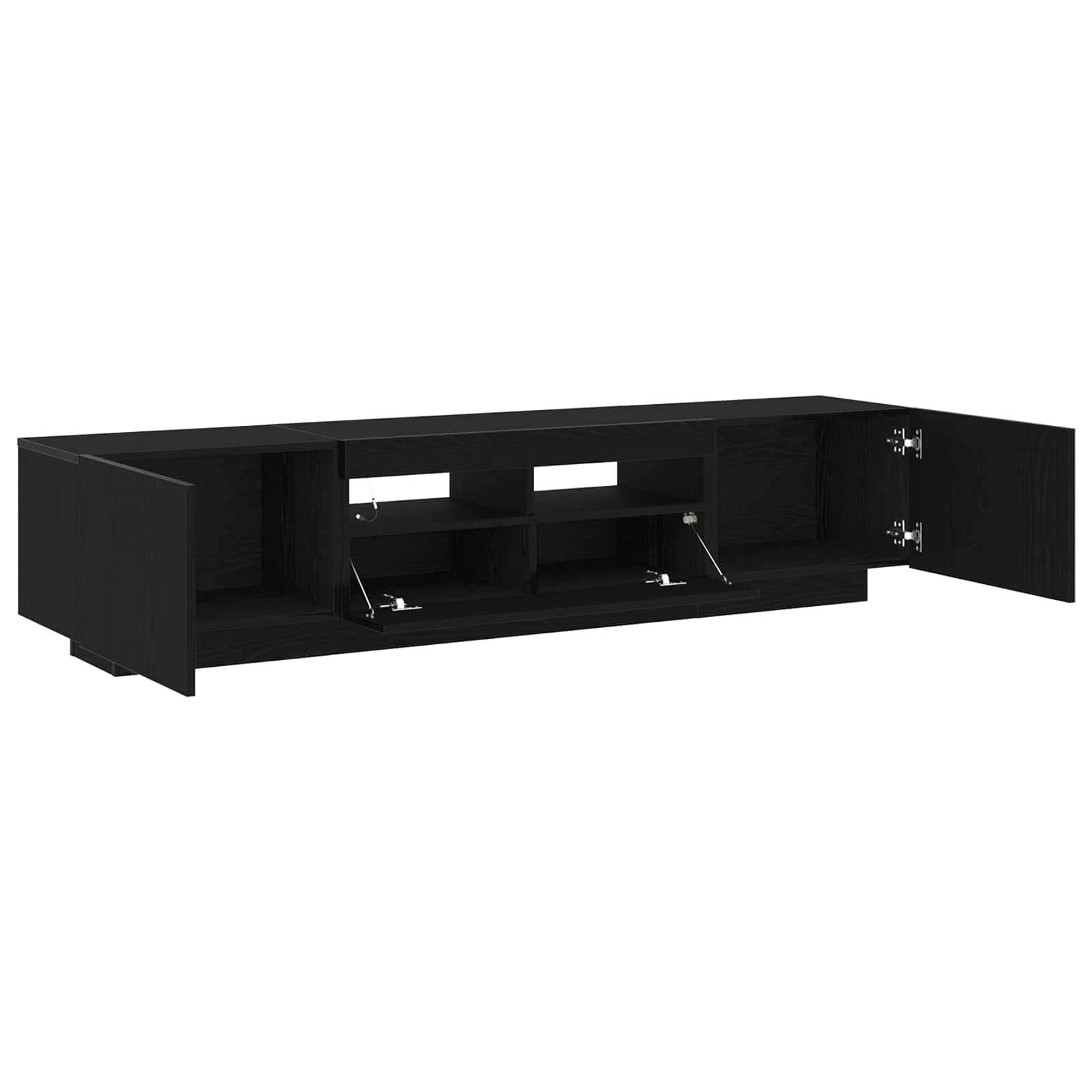 Set mobile TV nero in legno ingegnerizzato con 2 pezzi, design moderno con ripiani, porte a filo, strisce LED USB, ideale per soggiorno e supporto televisore