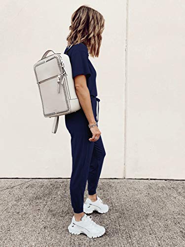 Prettygarden Women's Two Piece Outfit Short Sleeve Pullover With Drawstring Long Pants Tracksuit Jogger Set (Navy,Medium) #TOP4