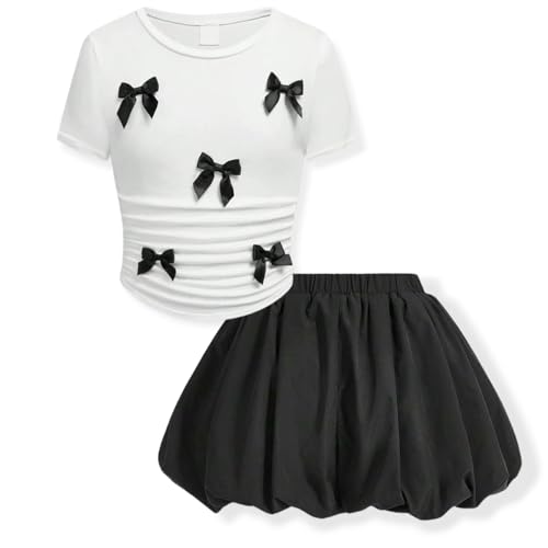 FJLSJSW Teenage Girls Puffy Skirt Set with Cute Bowknot Top Teen Summer Skirt Outfit Puffy Skirt for Teen Girls White 13-14 Years