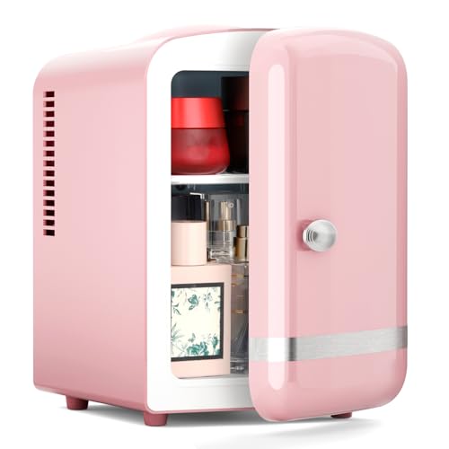 Image of Xbeauty Retro Mini Fridge, Compact Refrigerator with 4L Capacity/6 Cans，Cooler & Warmer, Removable Shelf for Skincare, Beverages, Cosmetics, Perfect for Dorm, Bedroom, Pink