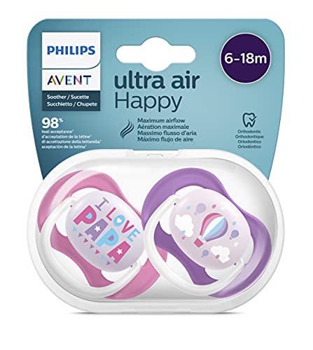 Ciuccio ultra air Philips Avent, per 6-18 mesi, ortodontico e senza BPA, 2 pezzi, custodia da trasporto/sterilizzazione...