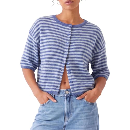 Image of Anuedgis Women's Striped Knit Cropped Crew Neck Half Sleeve Button Front Cardigan (Blue, M)