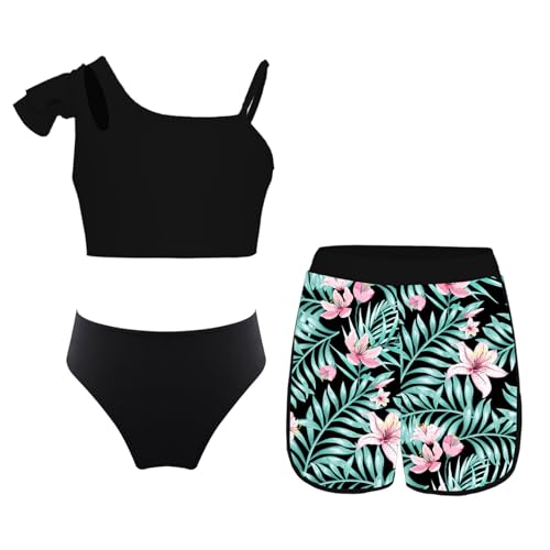 Kids Girls 3 Pcs Tankini One Straps Swim Crop Top with Brief Boyshorts Athletic Swimsuits