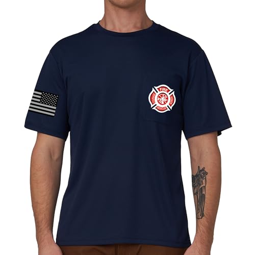 A-SAFETY Mens FIRE Printed Long Sleeve T-Shirt - Durable Work Shirt Navy Size L