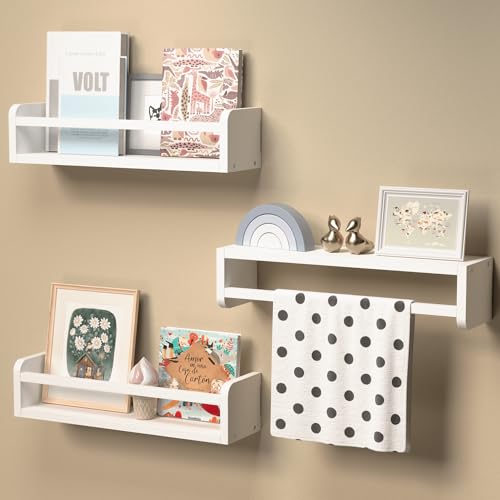 Image of Boswillon Floating Shelves Set of 3, Wall Mounted Nursery Bookshelf for Kids Room Storage, White Classic Shelves for Baby Bedroom, Toddler Room Decor