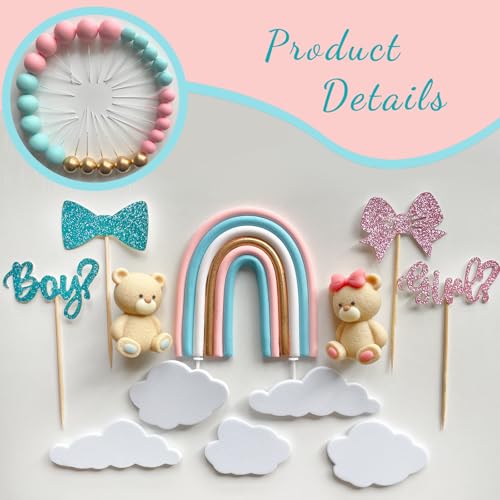 UFROMSKY 38Pcs Bear Cake Topper Gender Reveal Rainbow Cake Decorations with Cute Bears Pearl Balls Rainbow Cloud Cake Pick for Boy Girl Baby Shower Gender Reveal Party Supplies by UFROMSKY - Used condition - Image 3