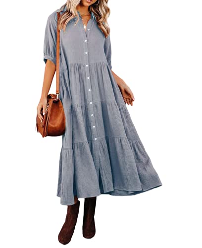 R.Vivimos Damen Sommer Casual Boho Mid-Sleeve Button Slit A-Linie Plissee Midi-Hemdkleid(L,Grau)