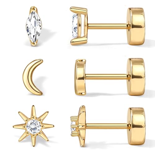 THUNARAZ 14K Gold Flat Back Earrings for Women Men Dainty Hypoallergenic Surgical Stainless Steel Stud Small Cartilage Helix Conch Tragus Multiple Piercing Jewelry Screw Back Earring Sets CZ Opal 20G