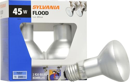 Sylvania 45 Watt R20 Incandescent Flood Light Bulbs 2 Pack - Dimmable E26 Medium Base Recessed Light Bulbs, R20 Bulb for Track, Display & Picture Lights, 45W 120V Reflector Warm White 2850K