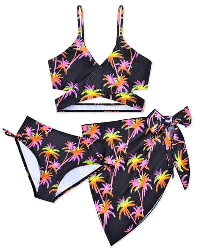 Girls Swimsuit 3 Piece Bathing Suits for Kids Criss Cross Bikini with Cover Up Skirt Girls' Swimwear