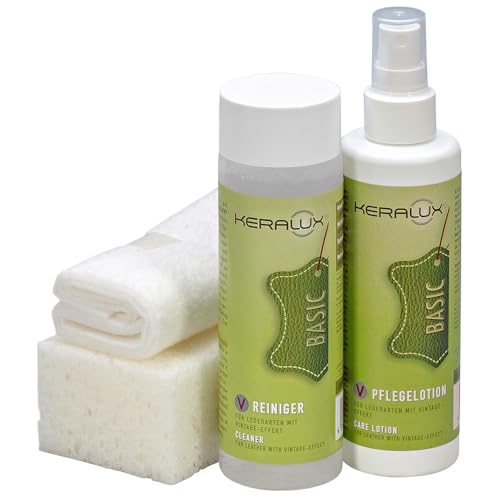 KERALUX Lederpflege Set V für Leder mit Vintage Effekt 200 ml Reiniger 200 ml Pflegelotion Schwamm Pflegetuch und Zubehör