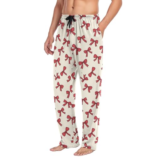 Men’s Red Bows Pajama Pants with Pockets, Comfortable Lounge Sleep Bottoms#6134