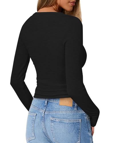 Long Sleeve Knit Tops - Women's Ribbed Henley Shirts V Neck Button Down Blouses Womens Casual Slim Fit Basic Tunic3