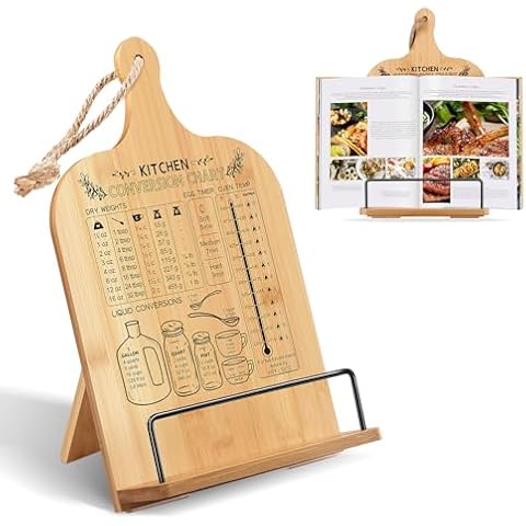 Cookbook Stand for Kitchen Counter Bamboo Recipe Book Holder with Conversion Chart Adjustable Non Slip Cookbook Holder Kitchen Gifts for Women Gifts for Housewarming Christmas Retirement Wedding Cover