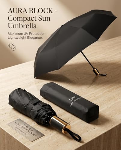 Image of UV Protection Compact Folding Umbrella for Men & Women || Windproof, Waterproof Travel Umbrella with Storage Case || Sun & Rain Protection || Lightweight Portable Umbrella