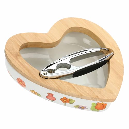THUN, Ciotola Schiaccianoci in Porcellana e Legno, Linea Happy Country, Idea Regalo per la Cucina, Ø 19.2, 5.6 cm h