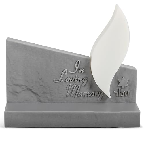 Image of Zion Judaica Eternal Flame Electric Yizkor Candle Memorial Tombstone Shaped LED Yahrzeit Candle Engraved In Loving Memory Yahrtzeit Light Flickering Flameless Memory Jewish Funeral Light