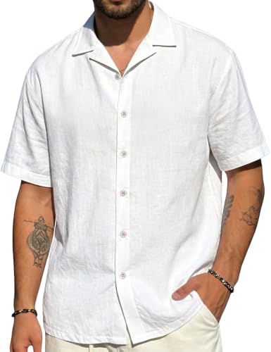 LINENNMAIN Mens Cotton Linen Shirt Casual Lightweight Button Down Shirt Short Sleeve Summer Beach Vacation Tops White