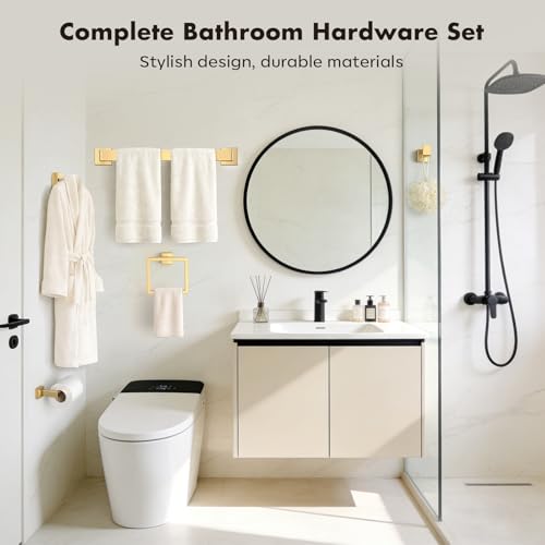 Image of 10-Pieces Gold Bathroom Accessories Set, 24 Inch Towel Bar Set | Stainless Steel, Towel Ring, Toilet Paper Holder, Robe Hooks, Towel Racks for Bathroom Wall Mounted, Bathroom Hardware Set