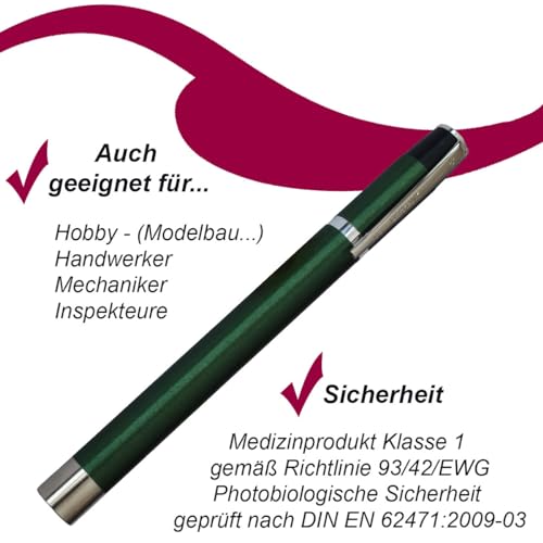 RC Diagnostikleuchte, Pupillenleuchte Aluminium Grün mit Clip-Moment-Schaltung und Weißglühender GLÜHBIRNE