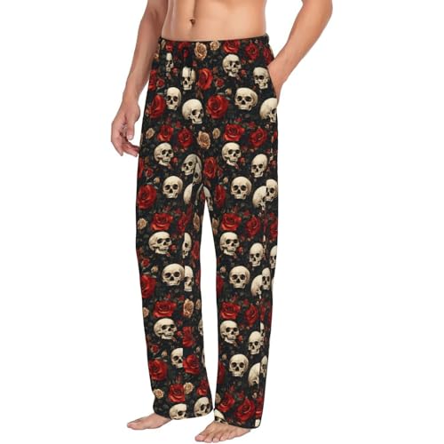 Mens Pajama Pants - Red Rose Skull Print Soft Sleep Lounge Pants For Men, Casual Pj Bottoms With Pockets