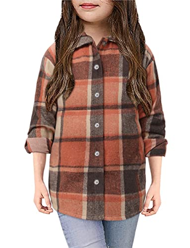 Girls Button Down Shirt Shacket Jacket Girls Long Sleeve Plaid Flannel Shirts For Girls Western Shirts With Pocket Toddler Shirt Orange Size 9-10 Years #TOP5