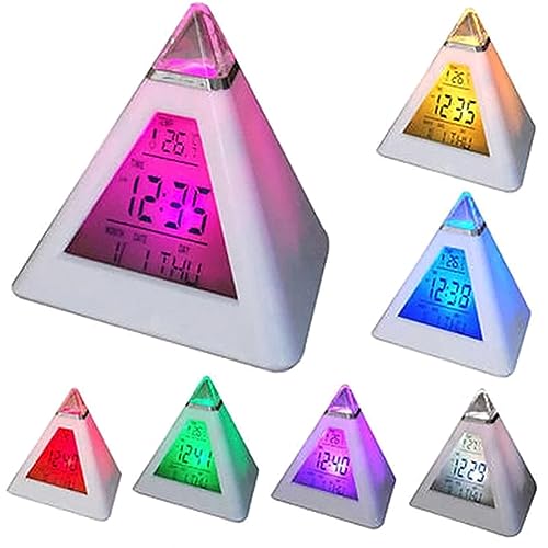 Digital LED Alarm Clock, Pyramid Shape Digital Led Alarm Clock Time Date Temperature Display 7 Colors Changing Night Light Desk Clock with Temperature Time Date for Bedroom Living Room (White)