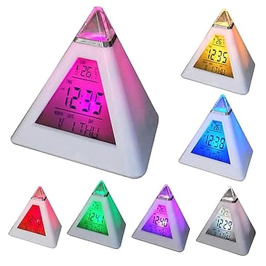 Digital LED Alarm Clock, Pyramid Shape Digital Led Alarm Clock Time Date Temperature Display 7 Colors Changing Night Light Desk Clock with Temperature Time Date for Bedroom Living Room (White)