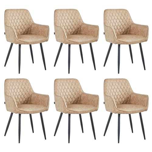 Colenis Beverly Lot de 6 Chaises de Salle à Manger en Microfibre Couleur Sable avec Dossier et Accoudoirs, Rembourrées, Pieds en Métal Noir
